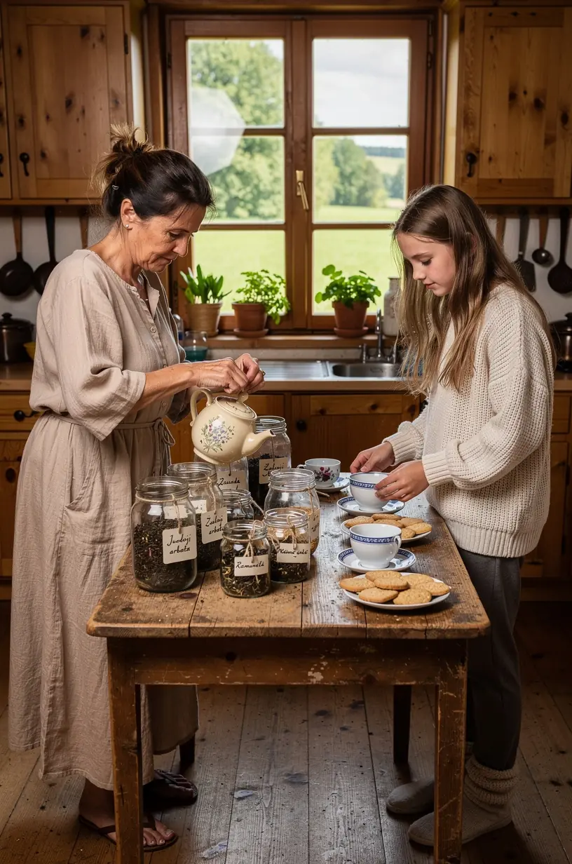 Žmogaus veidas, išreiškiantis atsipalaidavimą ir dėmesingą savęs priežiūrą arbatos gėrimo metu.