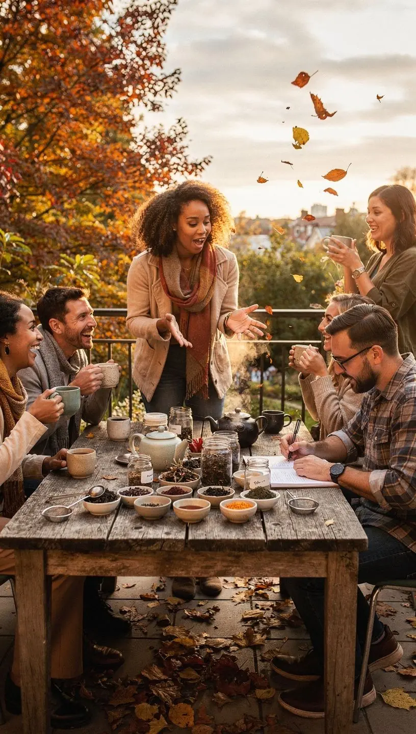 Ramus arbatos puodelis ant medinio stalo, šalia knygos ir žvakės, simbolizuojantis kasdienės ramybės ritualą.